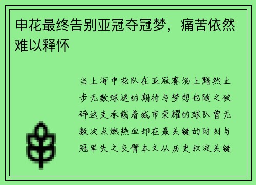 申花最终告别亚冠夺冠梦，痛苦依然难以释怀